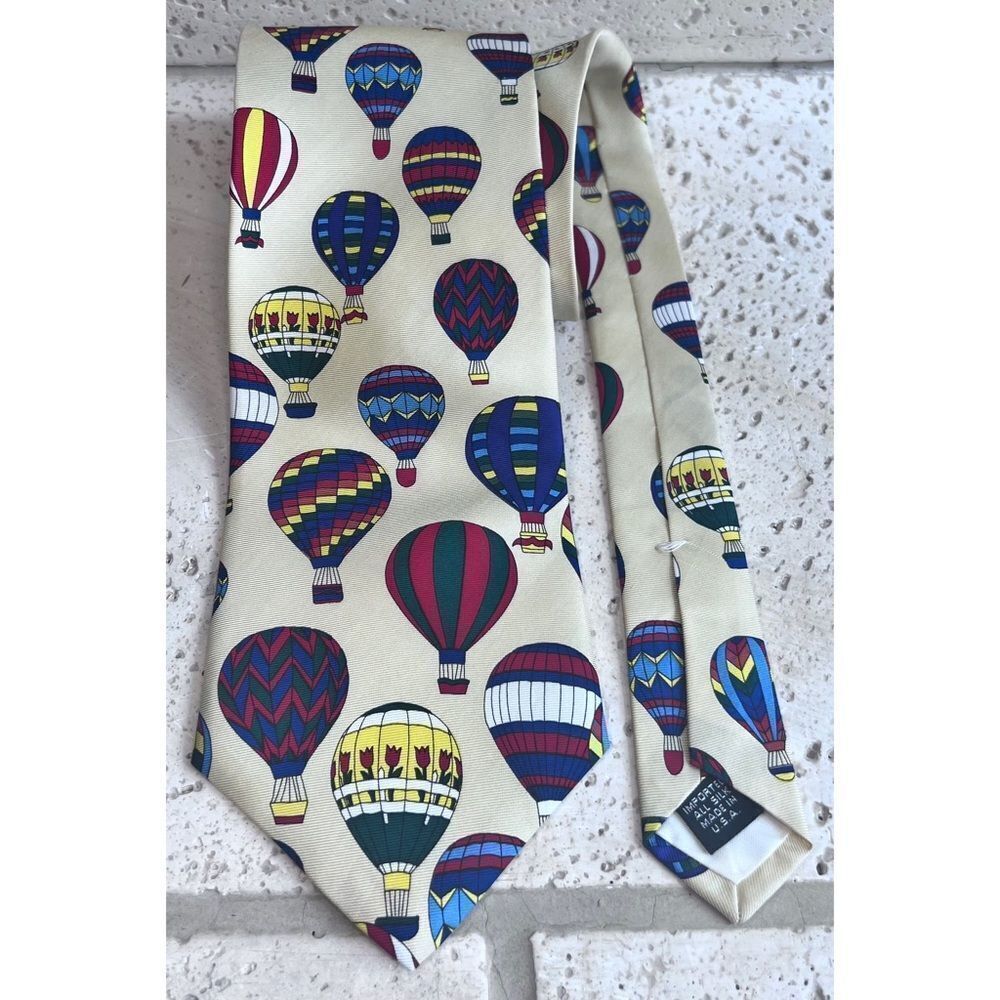 Cherry Blossom Festival Hot Air Balloon Silk Neck Tie Yellow Blue Red